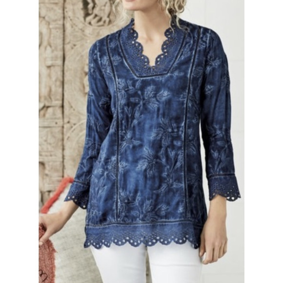 Soft Surroundings Blue Embroidered Long Sleeve Top - Picture 2 of 2